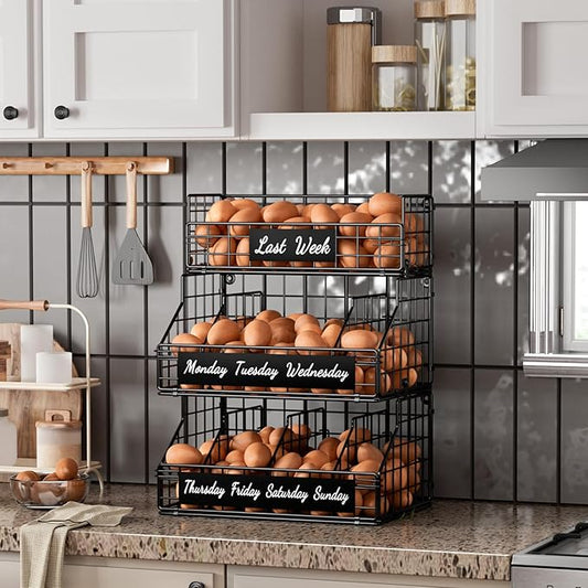 Egg Basket for Countertop, Egg Holder Countertop with 5 Dividers & Labels, 3 Tier Stackable Wire Storage Baskets to Keep Eggs Organized, Optimized Height Egg Storage for Coutertop Cabinet, Black