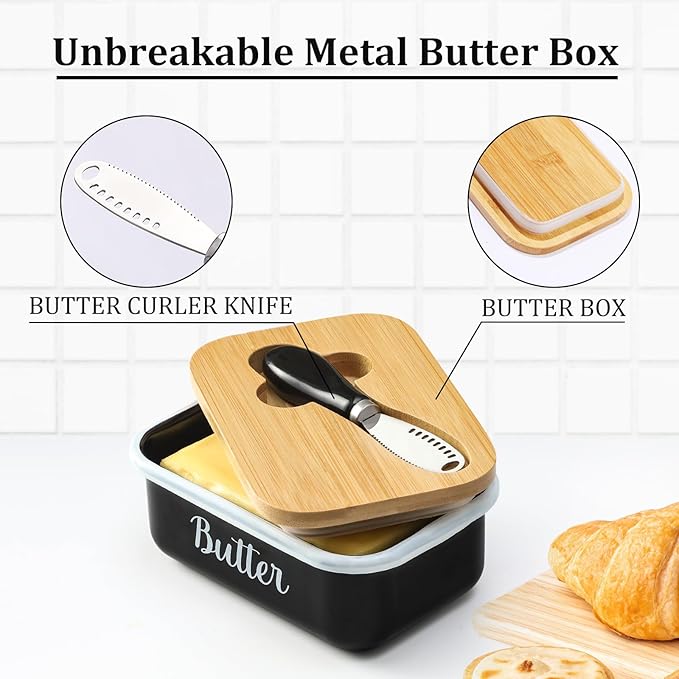 Butter Dish with Lid and Butter Curler Knife for Countertop - Unbreakable Metal Keeper Container with High-quality Double Silicone Sealing, for Kitchen Farmhouse Decor, Black
