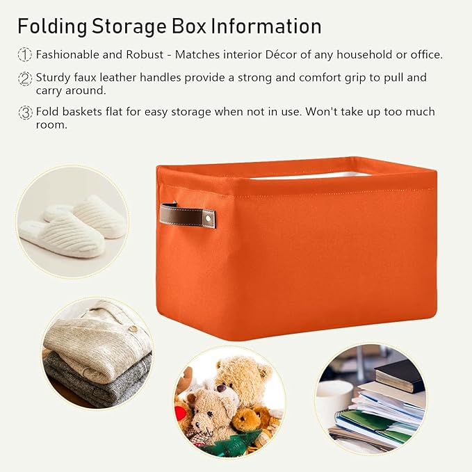 Storage Basket Plain Orange Solid Color Storage Bin Cube with Handles Foldable Storage Baskets for Shelves Living Room Home Decor 2PCS