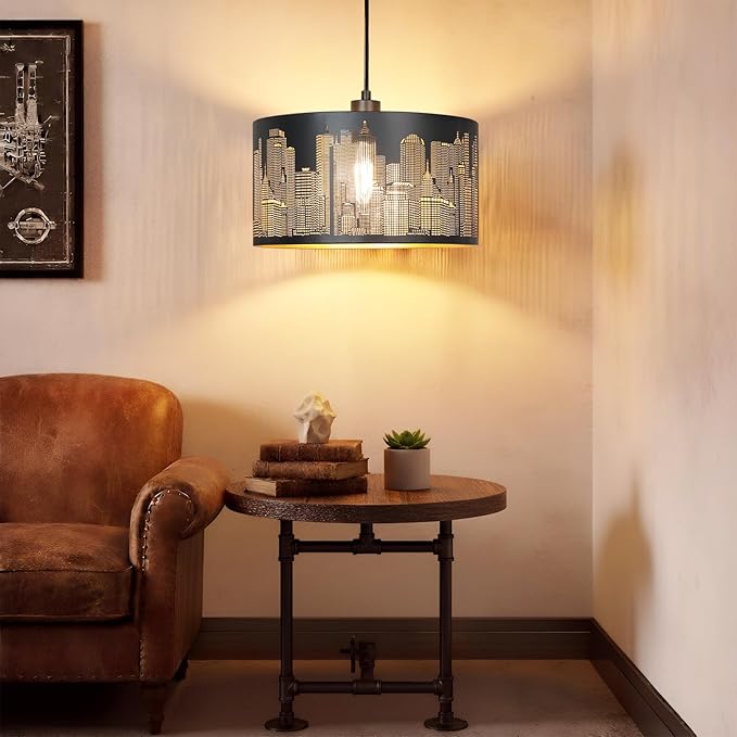 Plug in Pendant Light,Hollowed-Out City Hanging Lamp with 14Ft Plug in Cord, Rustic Farmhouse Pendant Lights for Kitchen Dining Room Bedroom Entryway, with 3-Way Dimmable Bulb (City)
