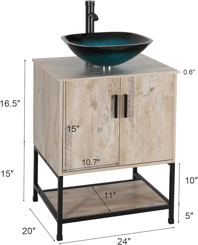 eclife 24" Bathroom Vanity Sink Combo Modern Metal Stand Cabinet W/Bottom Shelf Turquoise Square Vessel Sink & Water Save Faucet & Pop Up Drain, Oak (A10)