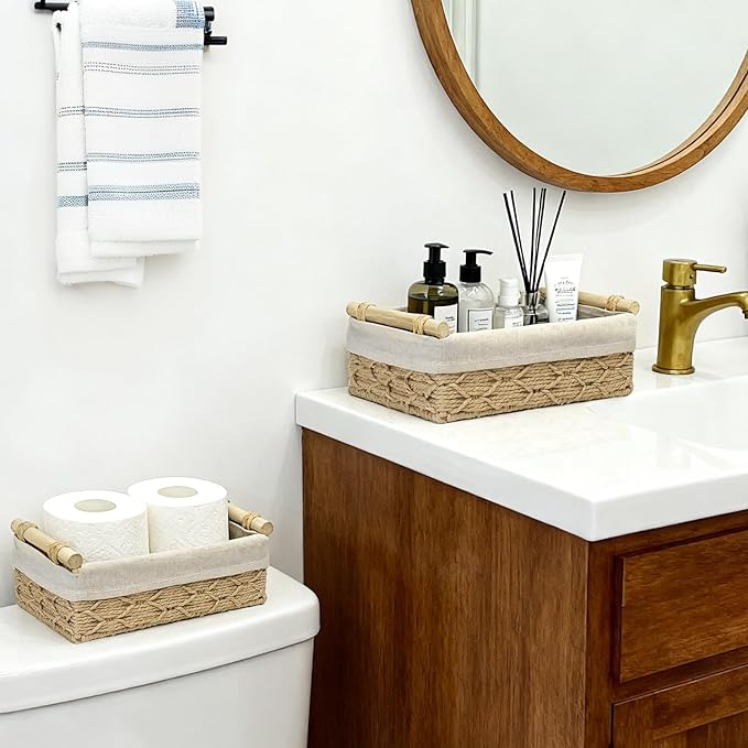 Wicker Storage Baskets with Wooden Handle, Decorative Paper Rope Organizer Bins for Home, Bathroom, or Countertop, Small Baskets Set of 2 (Beige)