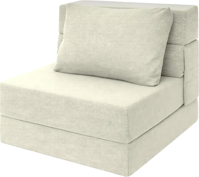 Sofa Bed Foldable Mattress ，Folding Sleeper Sofa Chair Bed Floor Mattress with Pillow for Living Room Home Office (Off White- Corduroy, Single)