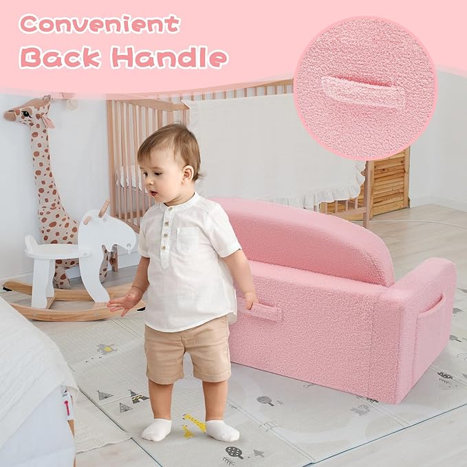Extra Wide Kids Couch, 2-in-1 Soft Toddler Couch with Blanket, Comfy Toddler Chair, Convertible Sofa with Cute Rainbow Design, Pink