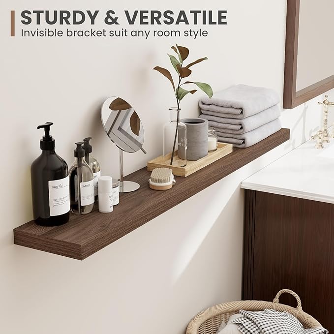 55 Inch Floating Shelves, 8 Inch Deep Floating Shelves for Wall, Hanging Shelf with Invisible Brackets, Deep Shelves for Bathroom, Bedroom, Living Room, Walnut, Set of 2
