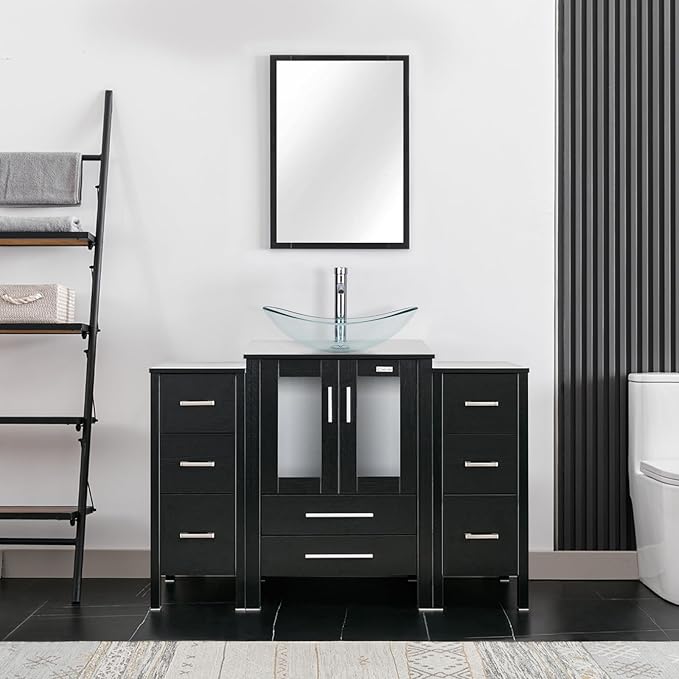 eclife 48" Modern Bathroom Vanity Sink Combo Freestanding Cabinet with Small Side Cabinet, Clear Boat Glass Vessel Sink, Water Save Faucet, Drain (Black+A29TT)