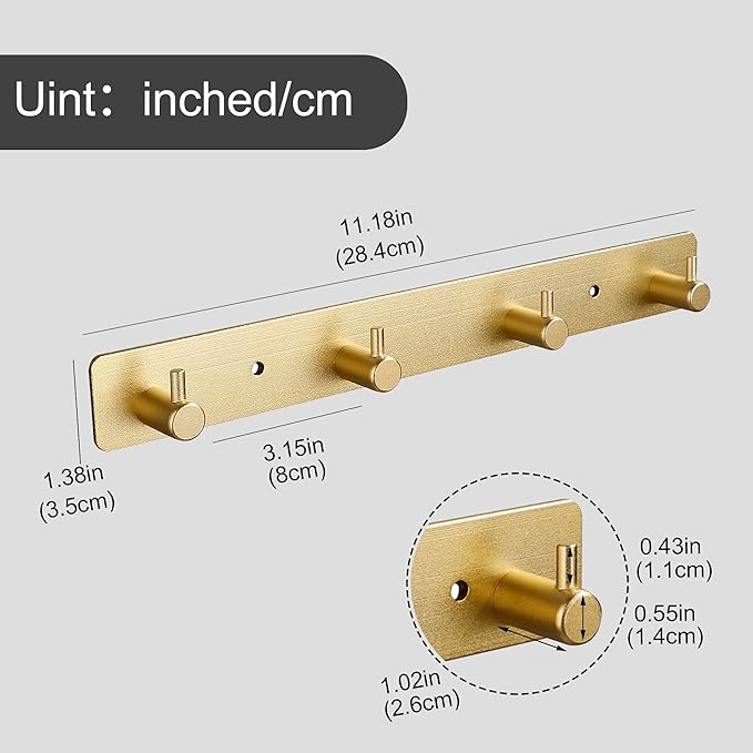 Adhesive Bathroom Gold Hook Rail, 4 Brushed Gold Wall Key Hooks Rack Hanger Towel Robe Stick Door Hooks for Bathroom Toilet Entryway Hallway Kitchen Wall Mounted