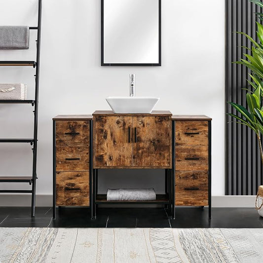 eclife 48" Bathroom Vanity Sink Combo Modern Metal Stand Cabinet W/Bottom Shelf & Storage Side Cabinets White Square Vessel Sink & Water Save Faucet & Pop Up Drain, Rustic Brown (A07)