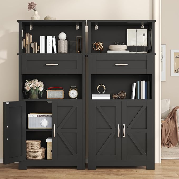Semoic 55" Farmhouse Kitchen Pantry Cabinet, 5-Tier Pantry Storage Cabinet with 2 Barn Doors and Drawer, Tall Sideboard Buffet Cupboards Storage Shelf for Home Office Use (Black 12" D x 24" W x 55" H)