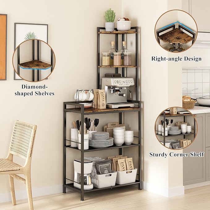 GILLAS 5 Tier Corner Shelf Stand, Freestanding Corner Shelf Unit Bookshelf, Corner Table with Shelf, Tall Storage Organizer Rack for Living Room, Bedroom, Office. Small Space, Metal, Country Rustic