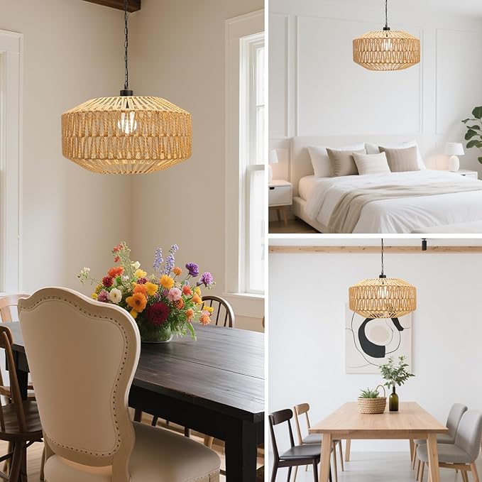 Farmhouse Chandelier Light Fixture, Rattan Boho Chandeliers, Hand Woven Pendant Light with Height Adjustable, Rustic Hanging Lighting for Living/Dining Room, Kitchen Island, Bedroom (Large)