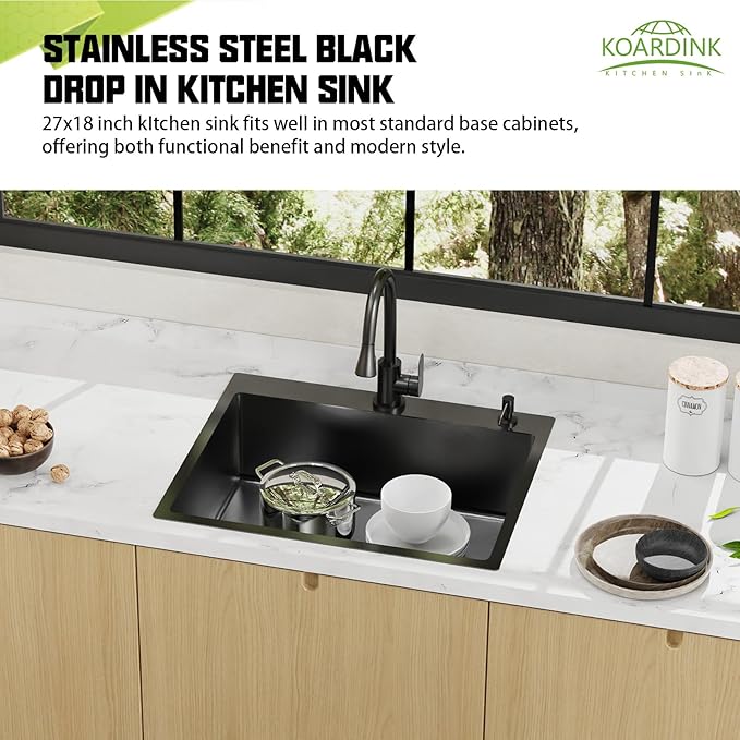 Black 27x18 Inch Kitchen And Bar Sink-Stainless Steel Drop In Kitchen Sink Modern Single Bowl Topmount Bar Sink Come With Silicon Mat,Drain Strainer Set Compatibility With Various Kitchen&Bar Style