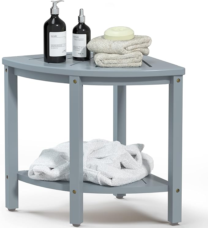 Bamboo Corner Shower Bench Waterproof Stool with Space-Efficient Storage Shelf - Shower Stool Seat for Indoor or Outdoor Use(Bluish Grey)