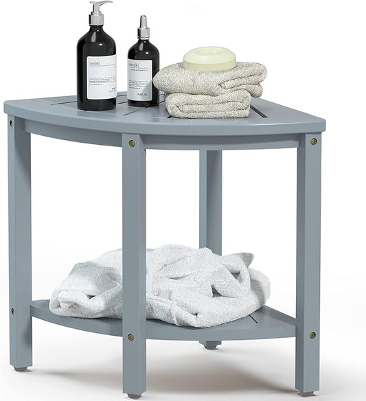 Bamboo Corner Shower Bench Waterproof Stool with Space-Efficient Storage Shelf - Shower Stool Seat for Indoor or Outdoor Use(Bluish Grey)