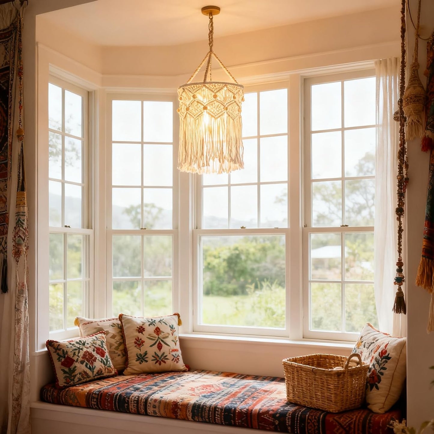 Handcrafted Boho Cotton Lamp Shade with Tassels (Bulb Not Included)