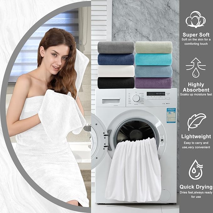 8 Piece Bath Towel Set White — 2 Oversized Large Bath Sheet,2 Hand Towels,4 Washcloths — Ultra Soft Cozy Bath Towel Set for Bathroom Hotel Gym Spa,Highly Absorbent & Quick Dry Bathroom Towel Collections