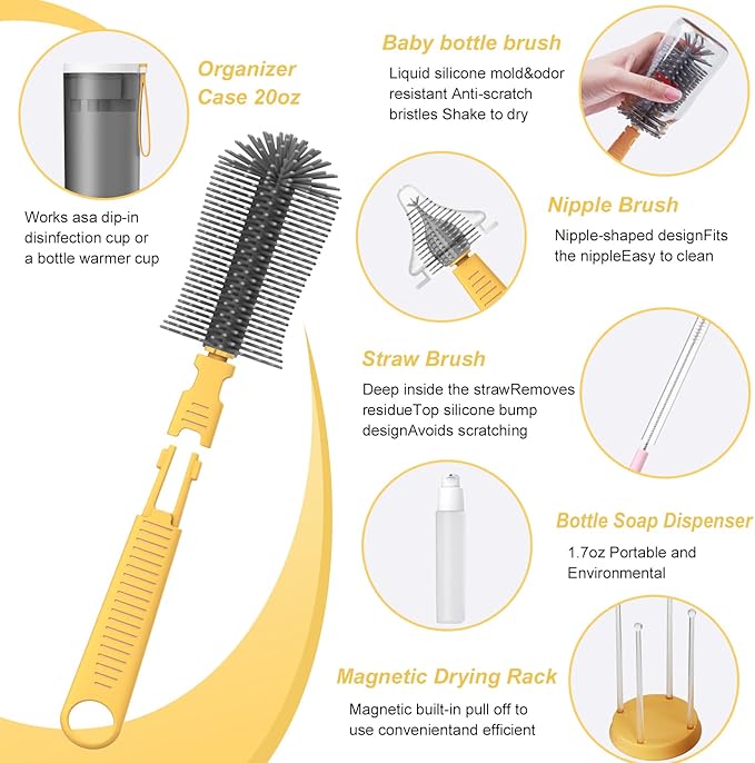 WHNLTravel Baby Bottle Brush Set with Bottle Cleaner Brush Set and Drying Rack,Gift for Newborn Mothers, Suitable for Travel and Home(Yellow)