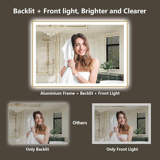 72x36 Inch LED Bathroom Mirror with Lights (Front Lit and Backlit) Gold Framed Lighted Vanity Mirror for Bathroom Wall Dimmable Anti-Fog Memory Tempered Glass Horizontal/Vertical