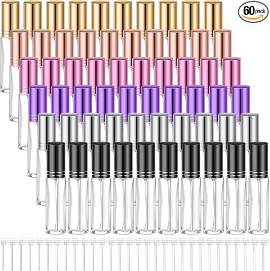 Domensi 60 Pcs 8 ml Empty Glass Perfume Bottles Bulk - Multicolor Refillable Cologne Spray Atomizer with Pump, for Travel, Skincare, Haircare, Cleaning & DIY Essentials