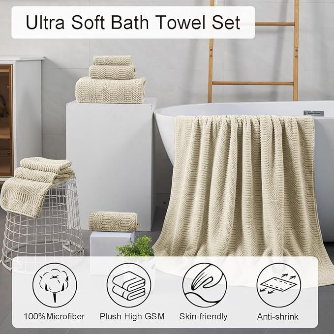 Oliven 8 Pcs Tan Oversized Bath Towel Set-2 Extra Large Bath Sheets,2 Hand Towels,4 Washcloths-600GSM Soft Highly Absorbent Quick Dry Beach Chair Towels