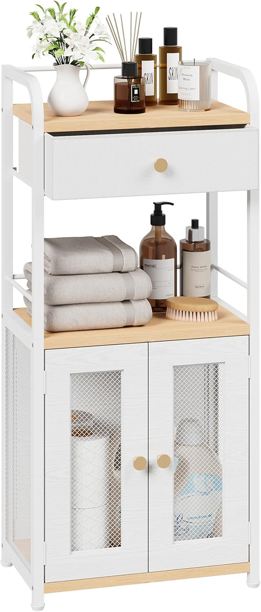 SWTYMIKI 14.57"x32.28" Bathroom Storage Cabinet – Freestanding Storage Cabinet with Doors and Drawer, Bathroom Organizers and Storage for Small Spaces – Ideal for Towels and Toiletries, Natural