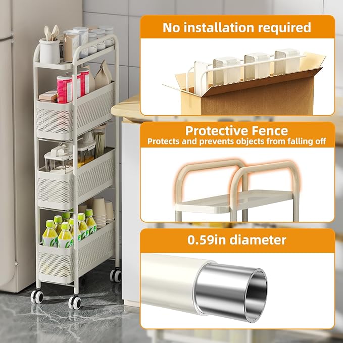 Slim Storage Cart 4 Tier with Pull Out Metal Basket Bathroom Organizer Rolling cart, Installation-Free Rolling Utility Cart Slide Out Organizer for Kitchen, Bathroom, Laundry (White, 4 Tier)