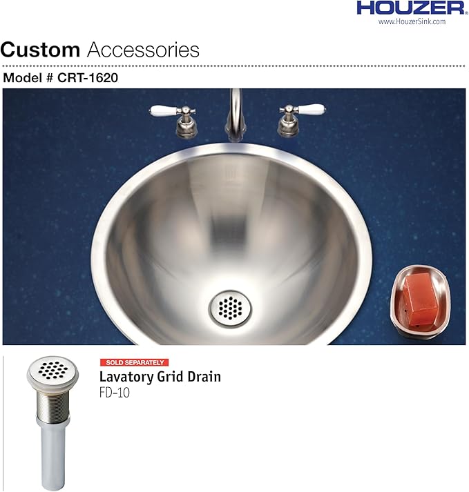 Houzer Opus Stainless Steel Bathroom Sink - 16 Inch Drop-In Undermount Round Bowl with Overflow Drain Assembly, Durable & Versatile, Essential for Home & Apartment, Nested 5-Pack - CRTO-1620-5