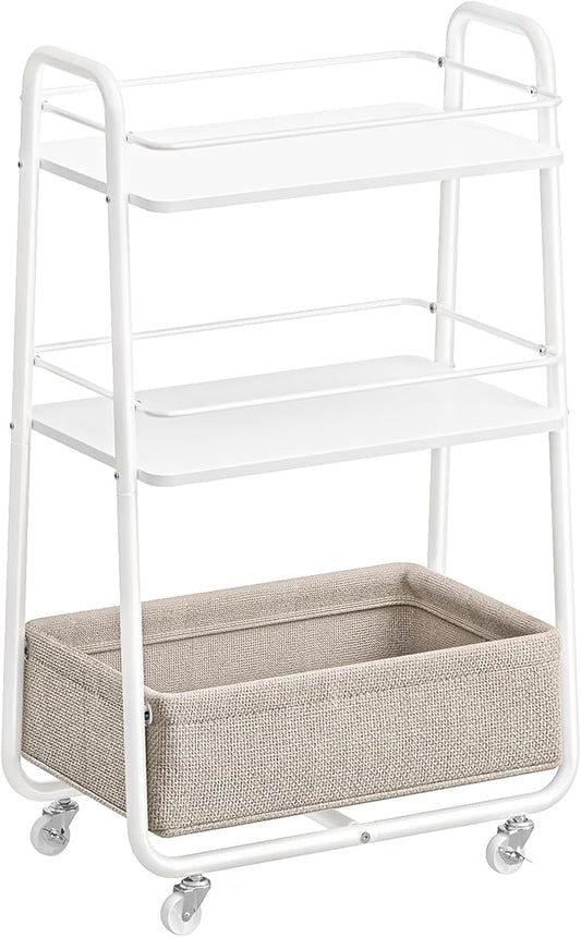 VASAGLE LILEA Collection - Storage Cart with Fabric Basket, 3-Tier Rolling Utility Cart with Wheels and Shelves, for Living Room Bedroom Kitchen, Cloud White and Camel Brown ULRC001WB01