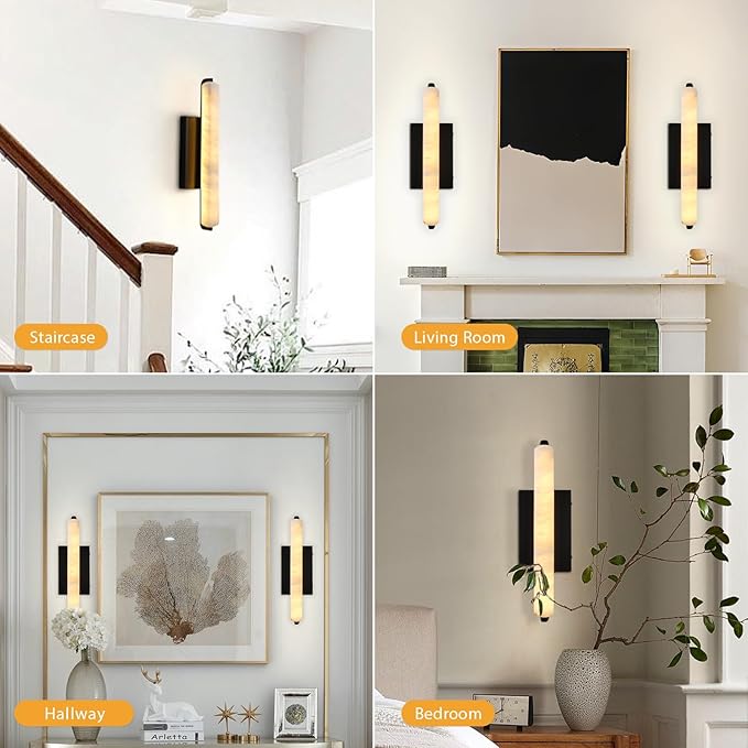 Alabaster Wall Sconces, 15" Black Alabaster Sconce, Spanish Natural Marble Bathroom Vanity Sconces, Rectangle Modern Sconces Lighting for Bedroom Living Room Staircases Hallway