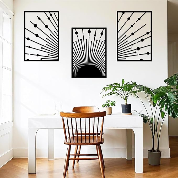 ruelen Metal Sun Wall Decor - Large Minimalist Sun Line Art Sculpture for Modern Home & Outdoor Decor, Set of 3 (40x28cm) - Nautical Black Sunshine Design