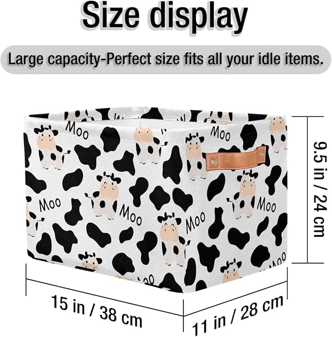 Rectangle Storage Baskets for Organizing - Foldable Storage Bin Cubes with Handles, Large Organizer Bins Boxes Toy Closet Shelf Nursery Laundry Basket, 1 Pcs(Cute Cow Print)