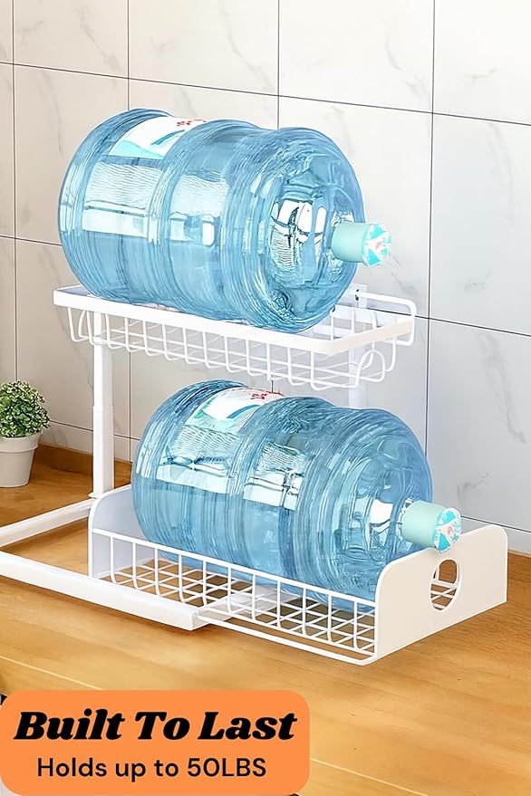 Under Sink Organizer, 2 Tier Pull Out Cabinet Organizer, Adjustable Height, Slide Out Storage Shelf, Sliding Drawers, Under Sink Storage for Kitchen Bathroom Laundry Room Cabinet, White, 2 Pack