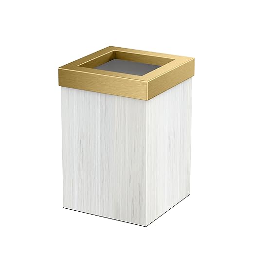 Gatco Small Bathroom Trash Can with Lid, Square 3 Gallon Wastebasket, Under Sink, White Oak with Brushed Brass, for Bathroom, Bedroom, Office (1936B)