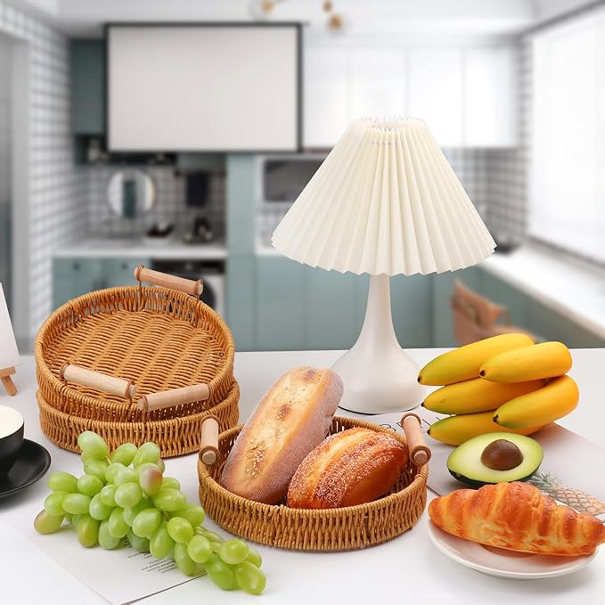 4 Pack 8.9 inch Round Rattan Tray, Round Woven Serving Basket with Handles, Storage Rattan Serving Trays for Home, Restaurant & Hotel Use, Durable & Easy-Cleaning