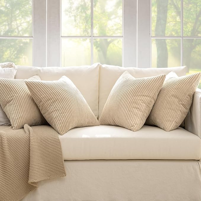 Boho Throw Pillow Covers 18x18 Set of 4 - Beige Corduroy Cushion Covers