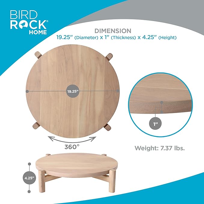BIRDROCK HOME Elevated Lazy Susan | Rotating Acacia Wood Platter with Raised Legs | Ideal for Serving, Organizing, and Decor | Smooth 360° Rotation (White Wash, Medium)
