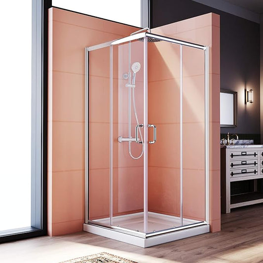 ELEGANT Corner Shower Enclosure 34'' D. x 34'' W. x 72'' H., Double Sliding Shower Door with 2 Stationary Panels,Shower Enclosure with 1/4'' Clear Glass, Chrome Finish (Shower Base Not Included)