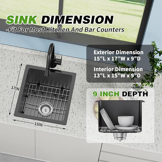 Black 15x17In Undermount Kitchen And Bar Sink- Stainless Steel Single Bowl Modern Drop In Kitchen&Bar Sink With SS Grid,Silicon Mat,Colander,Drain Strainer Compatibility With Various Kitchen&Bar Style