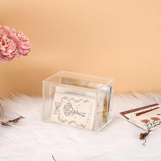 BTSKY Clear Acrylic 4 x 6 inch Index Card Box with Sign Lid & Removable Inserts, Divided 3-Compartment Index Card Holder Notecard Box Photo Storage Organizer for Filling Note Cards,Flashcards, Recipes