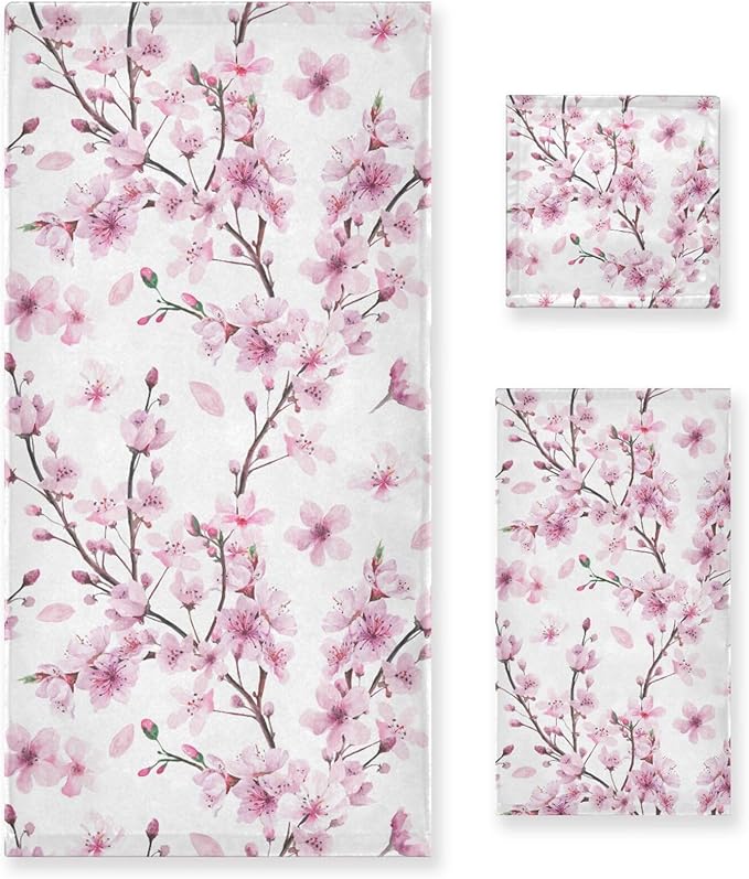 Cherry Blossoms Flowes Towels Set of 3 Watercolor Pink Floral Sakura Branch Bathroom Towel Soft Absorbent Bath Hand Towels Washcloth Guest Towel Sets Bathroom Decorations
