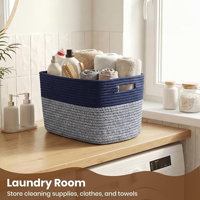 Storage Baskets for Organizing, 14 x 10 x 9” Closet Shelf Woven Baskets, Square Bins with Handles, Cotton Rope Basket for Toys, Clothes, Office, Room, Grey+Blue 3 Pack
