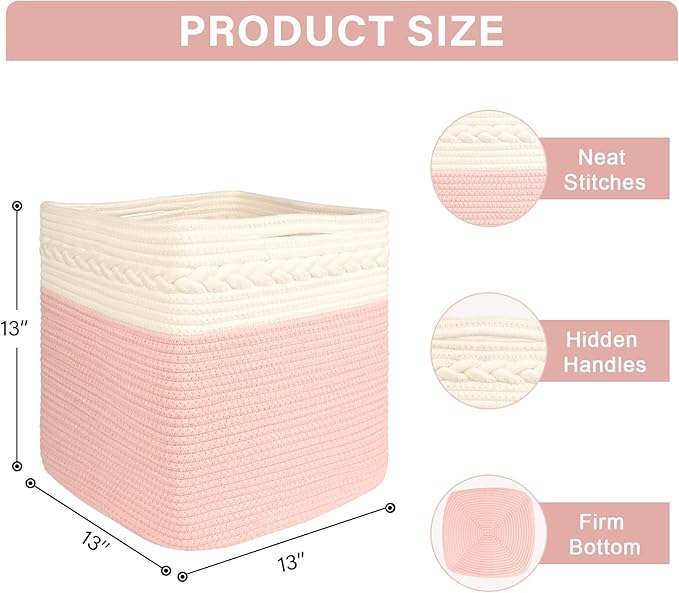 danpinera Storage Cubes, 13 Inch Cube Storage Organizer, 3-Pack, Cotton Rope Woven Baskets for Shelves Organizer, Classroom, Kitchen, Laundry, Closet, Baby Nursery, 13x13x13IN, White & Pink
