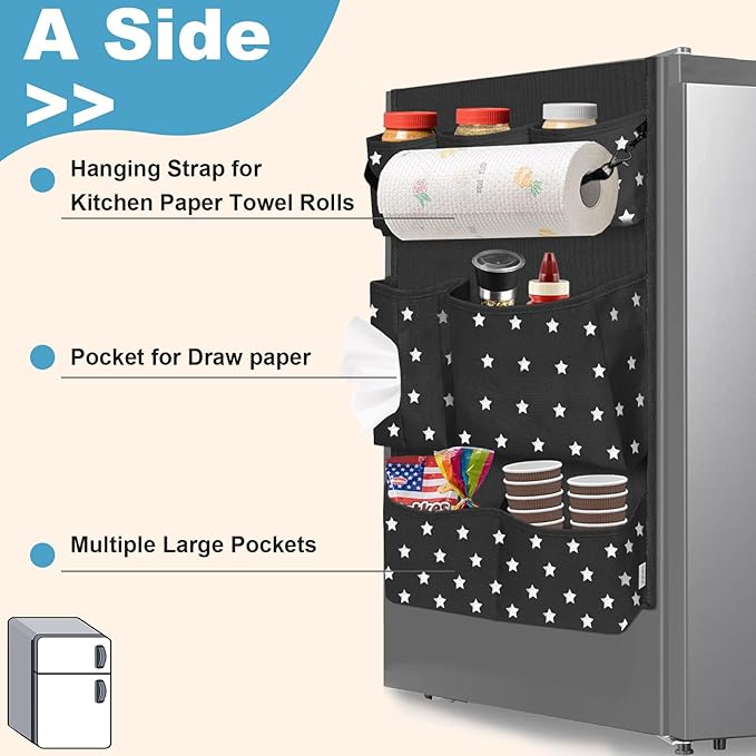 Dorm Room Essentials Mini Fridge Organizer, Hanging Over Fridge Storage Organizer, College Caddy with 14 Pocket for Office, Kitchen, Home, School (Black)