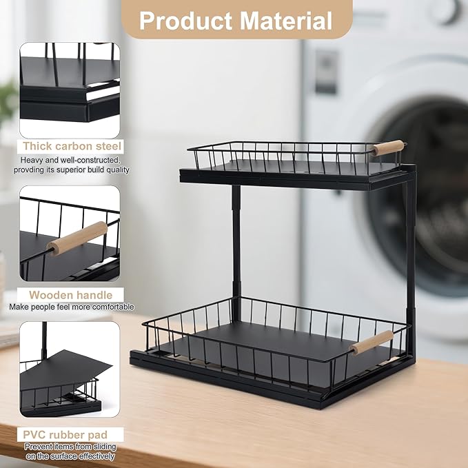 Under Sink Organizer, 2-Tier Pull-Out Cabinet Storage Shelf, Multi-Purpose Storage Racks, Metal Slide Out Drawer for Kitchen Bathroom Pantry Laundry Bedroom Closet, Black