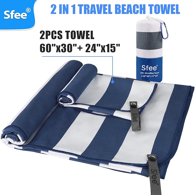 2 in 1 Microfiber Beach Towel, Quick Dry Towel Camping Towel Travel Towel Super Absorbent Compact Lightweight Sports Gym Towels Set for Beach, Gym, Hiking, Pool, Backpacking, Bath, Yoga