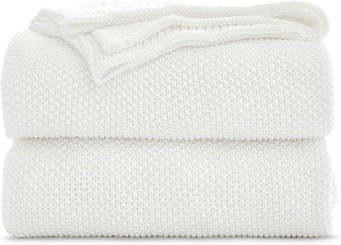 Longhui bedding Ivory White Cotton Cable Knit Throw Blanket for Couch Sofa Chair Bed Home Decorative, 60 x 80 Inch Woven Throw Blankets with a Washing Bag Silk Bow Tie Package