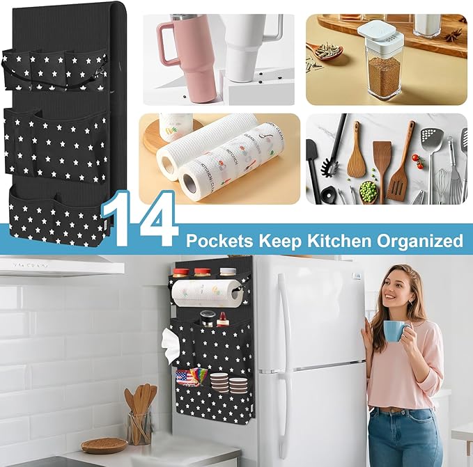 Dorm Room Essentials Mini Fridge Organizer, Hanging Over Fridge Storage Organizer, College Caddy with 14 Pocket for Office, Kitchen, Home, School (Black)