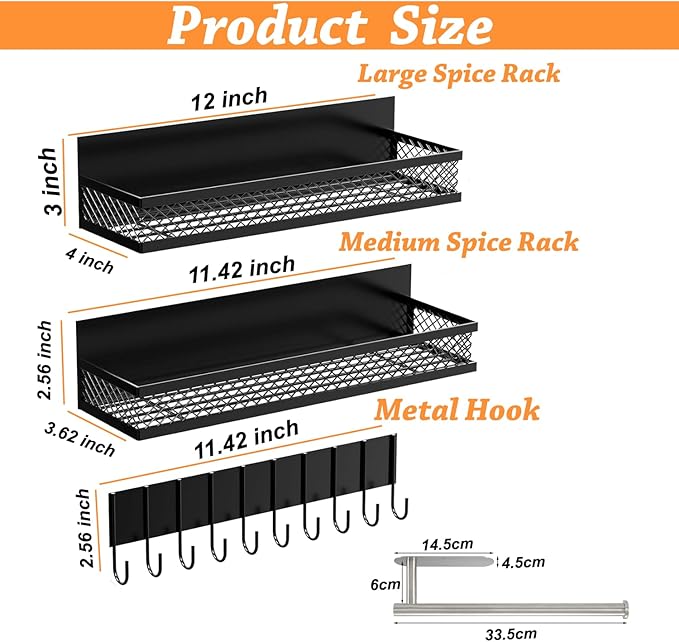 Magnetic Spice Rack for Refrigerator – 3 Tier Magnetic Shelves with Towel Bar, Hanging Hooks, Mesh Storage Baskets & Adhesive Hooks Kitchen Organizer for Spices, Utensils & Pantry