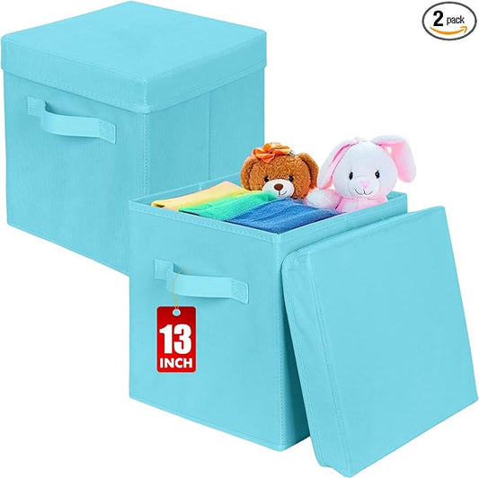 ShellKingdom Storage Bins, Foldable Fabric Storage Cubes with Lid, Clothes Storage Organizer Drawer For Closet Toys Storage, 13 X 13 X 13 INCH, 2 Pack (Light Blue)