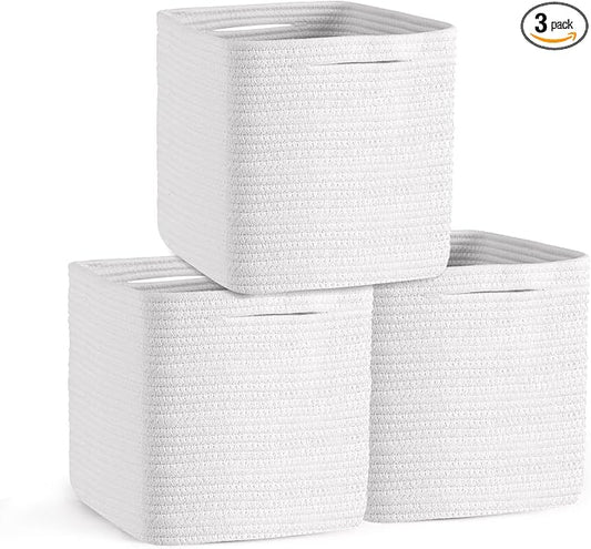 Storage Cubes 11 Inch Storage Baskets for Shelves, Set of 3 Cotton Rope Woven Baskets for Organizing, Cube Storage Square Bins for Toy, Playroom Decor, Classroom, Closet, White
